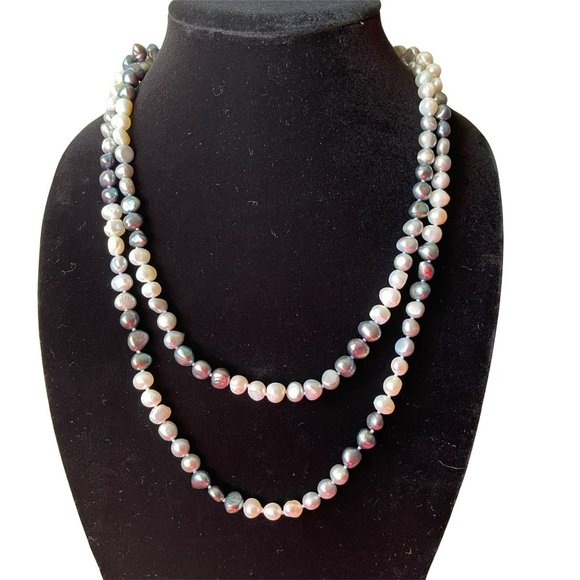 Charcoal Gray And White Cultured Freshwater Baroque Pearls Handmade Necklace 47" - Picture 2 of 10